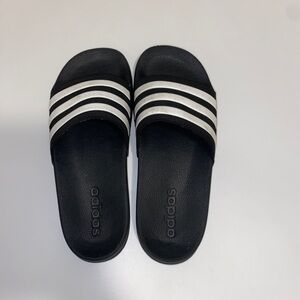 Adidas Black Slides with White Stripes